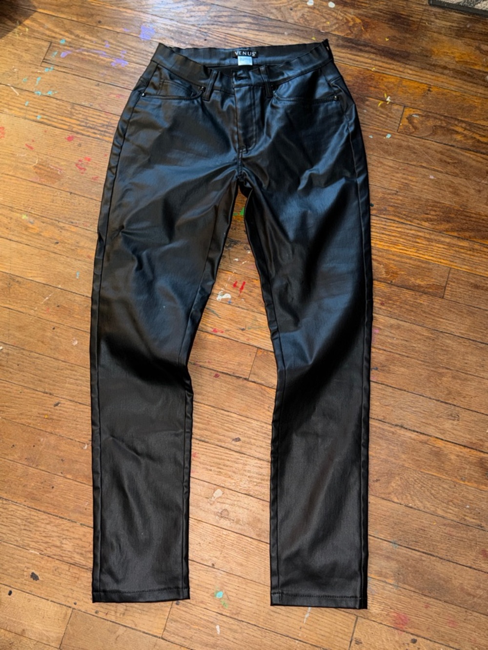 VENUS Black leather Coated Straight Leg Jeans